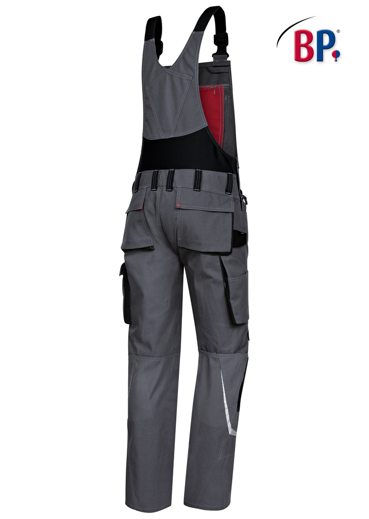 Arbeitslatzhose, Schwarz/ Grau, Trägerhose, Werkzeugtaschen, Kniebereich geschützt