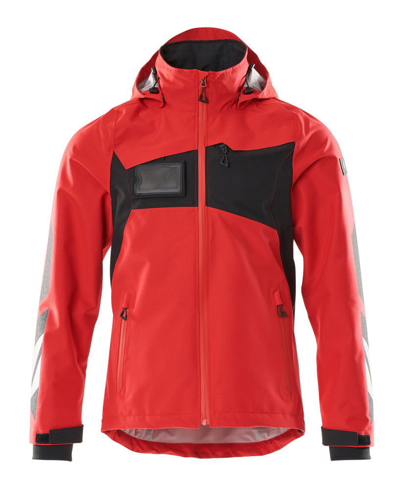 jacke, softshell, roter farbton, kapuze, tasche, verschluss, winddicht