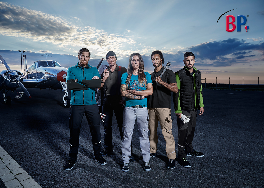 gruppe, team, außenbereich, flugfeld, flugzeug