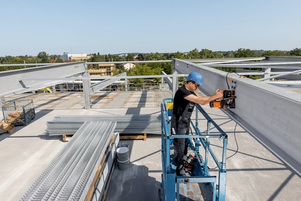 construction, scaffolding, person, helmet, drill