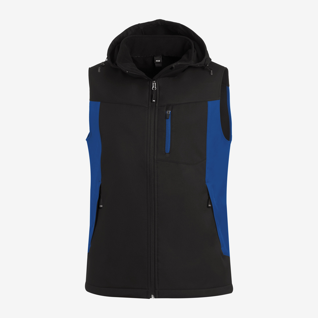 softshell, vest, black, blue panels, hooded
