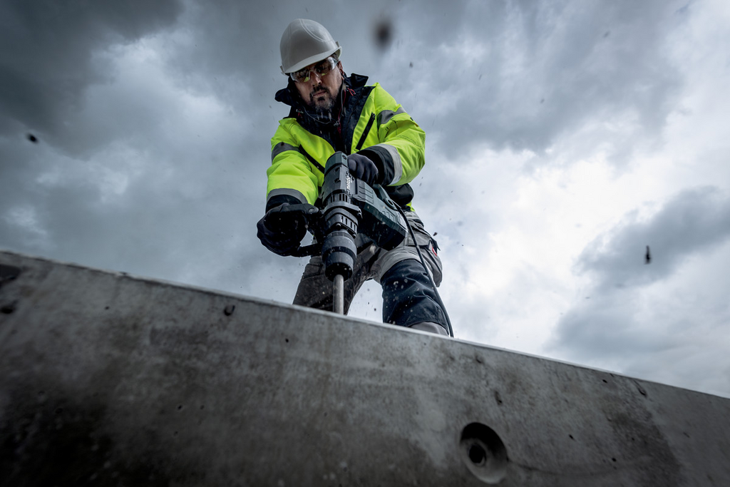 Arbeitsmann, Sicherheitskleidung, High-Visibility, Schutzbrille, Bohrhammer