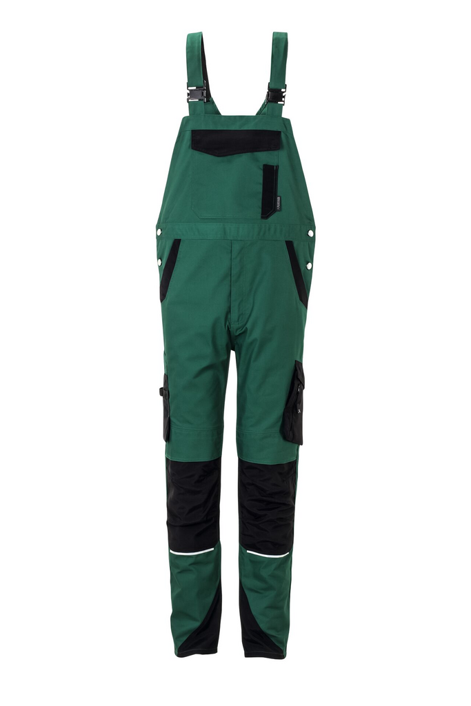  Overall grüne Latzhose,  Trägern,  Fronttasche,  Knie-Patches,  schwarze Panelen