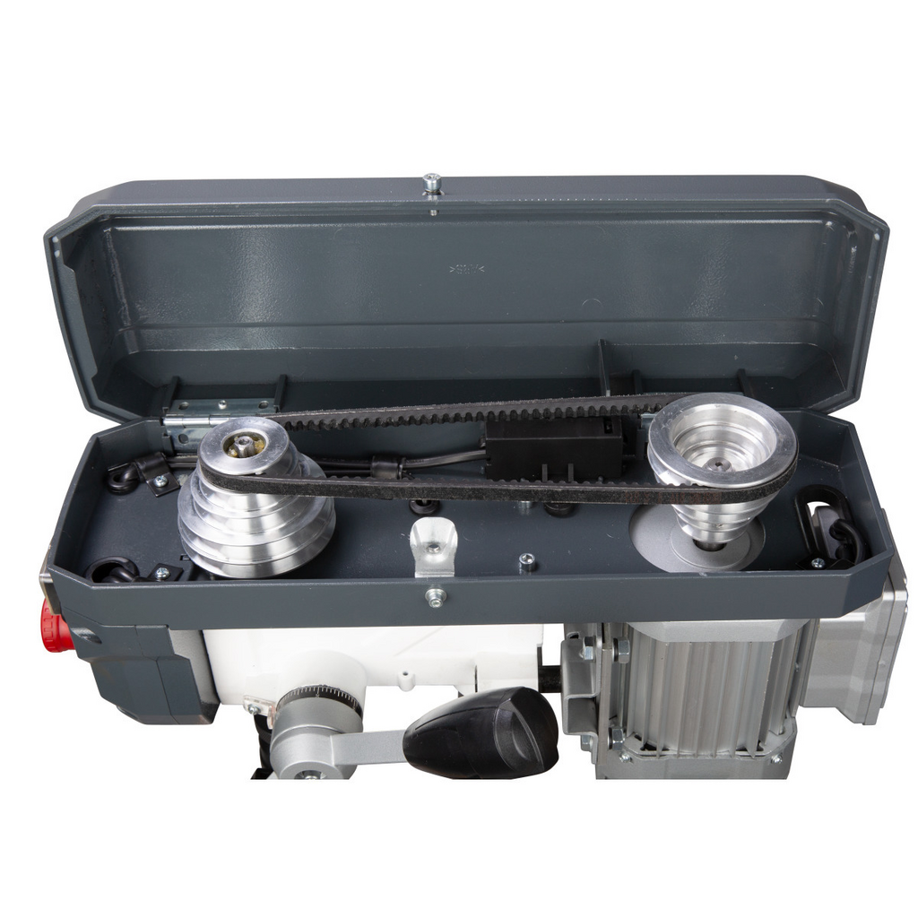 Bohrmaschine, Spannvorrichtung, Riemenantrieb, Kopf mit Schraubkronen, Metallkonstruktion