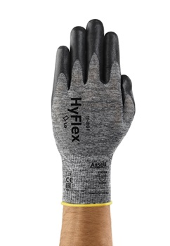 operator gloves, work gloves, grip gloves, grey knit, rubber-coated fingers, Arbeitshandschuh, Griffhandschuh, Grau Stoffhandschuh, gelbe Manschette, Griffzone