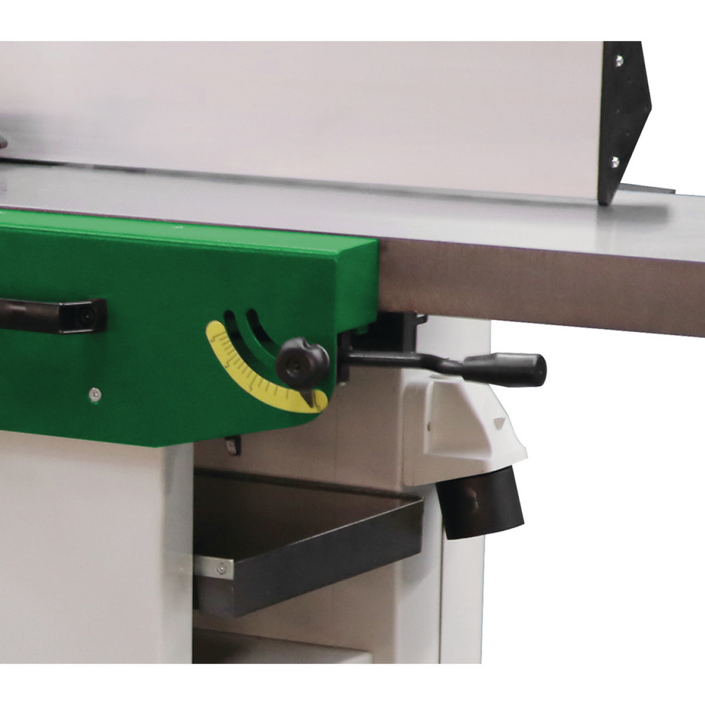 stationäress, kappsäge, grüne gehäuse, verstellbarer spalt, spaltenplatte