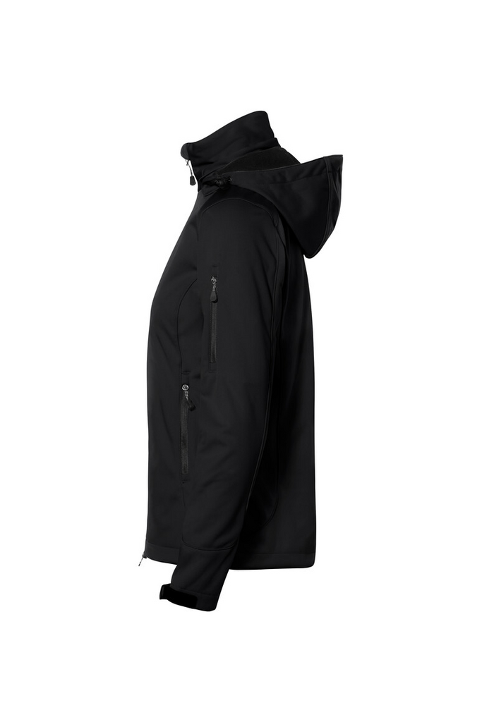 jacke, softshell, hoodie, schwarz, taschen